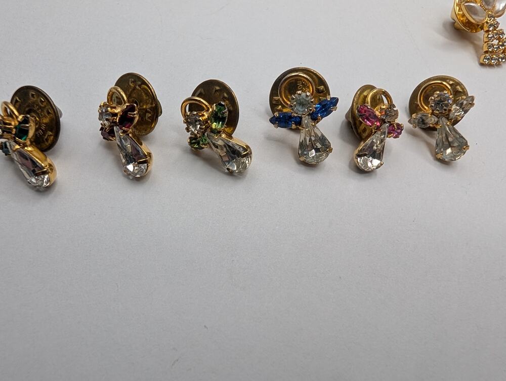 Set of 6 Vintage Rhinestone Angel Lapel Pins Brooches Gold Tone Made in USA